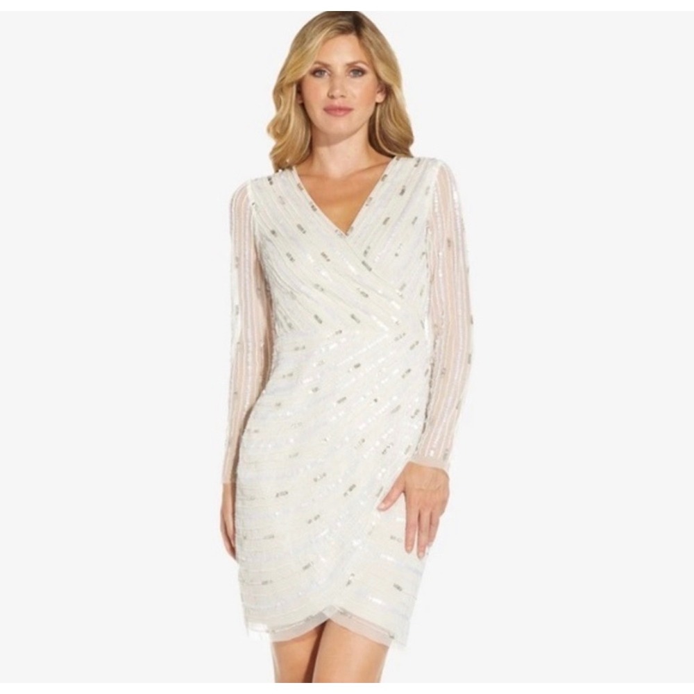 Adrianna Papell Beaded Wrap Dress 8 Ivory Pearl Sequin Long Sleeve Cocktail NWT